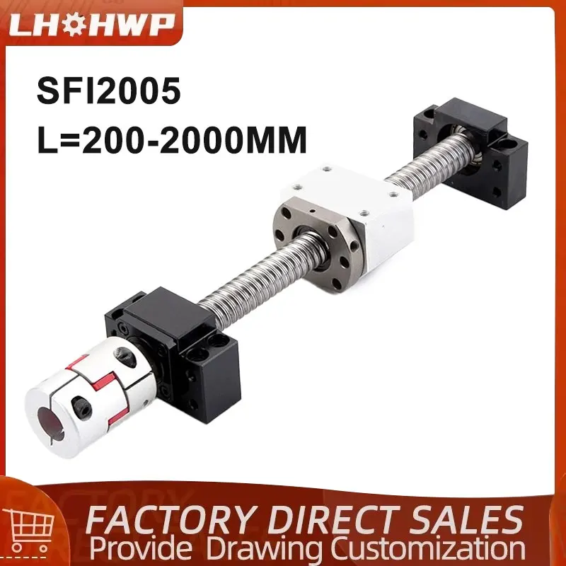 1 Set Ballscrew SFI2005 200-2000mm End Machined With Single Nut+BKBF15 End Support+Nut Housing+Coupling For CNC Parts