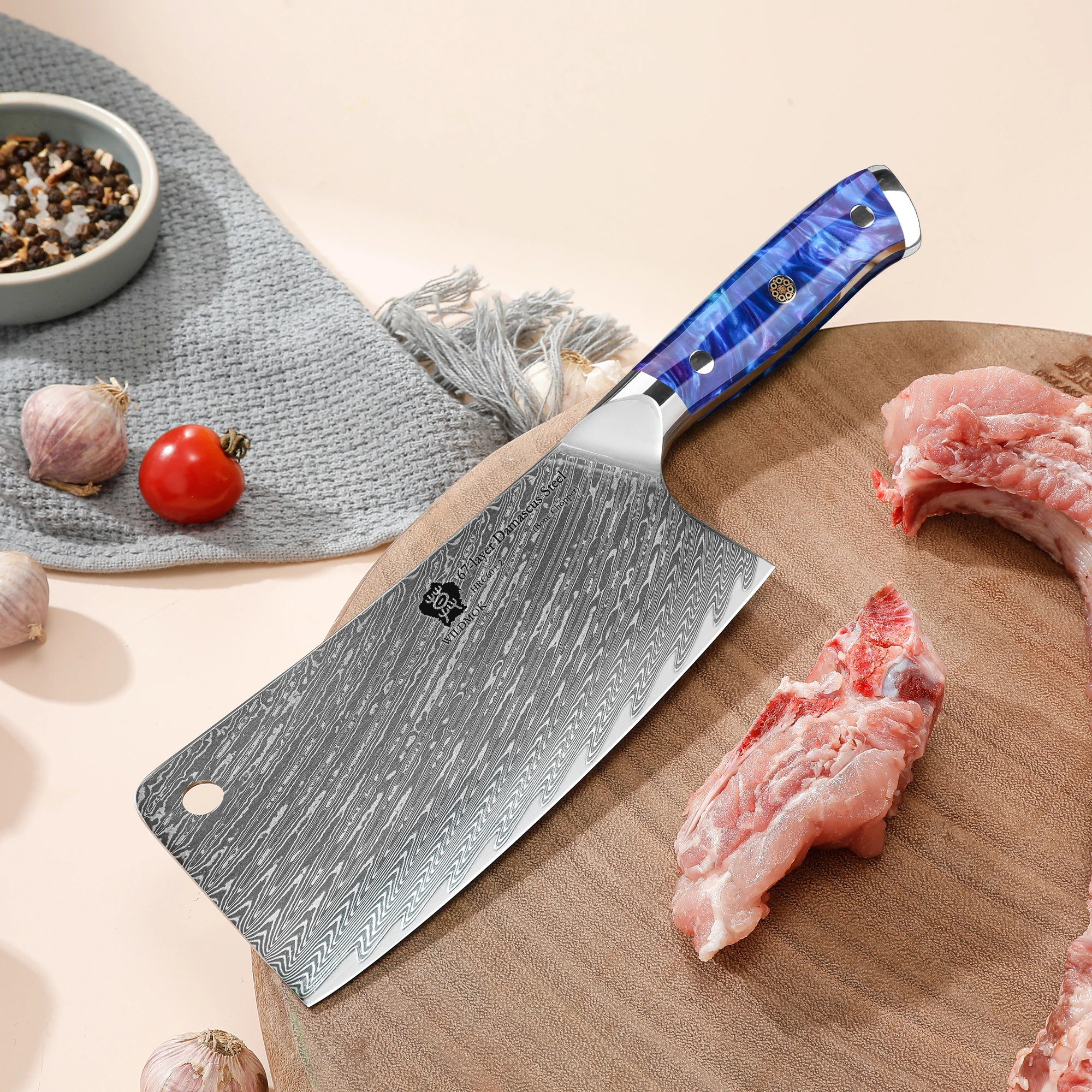 WILDMOK 6.5 Inch Heavy Duty Damascus Bone Chopper Knife with Resin Handle, Premium Kitchen Knife for Meat Cutting
