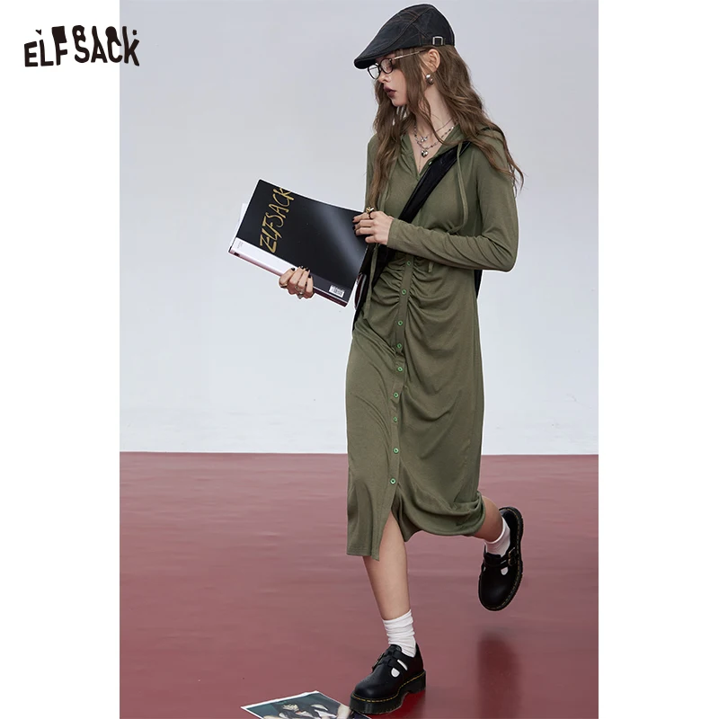 2024 Autumn ELFSACK New Arrivals Grey slim waist button temperament hooded knitted long-sleeved dress for women