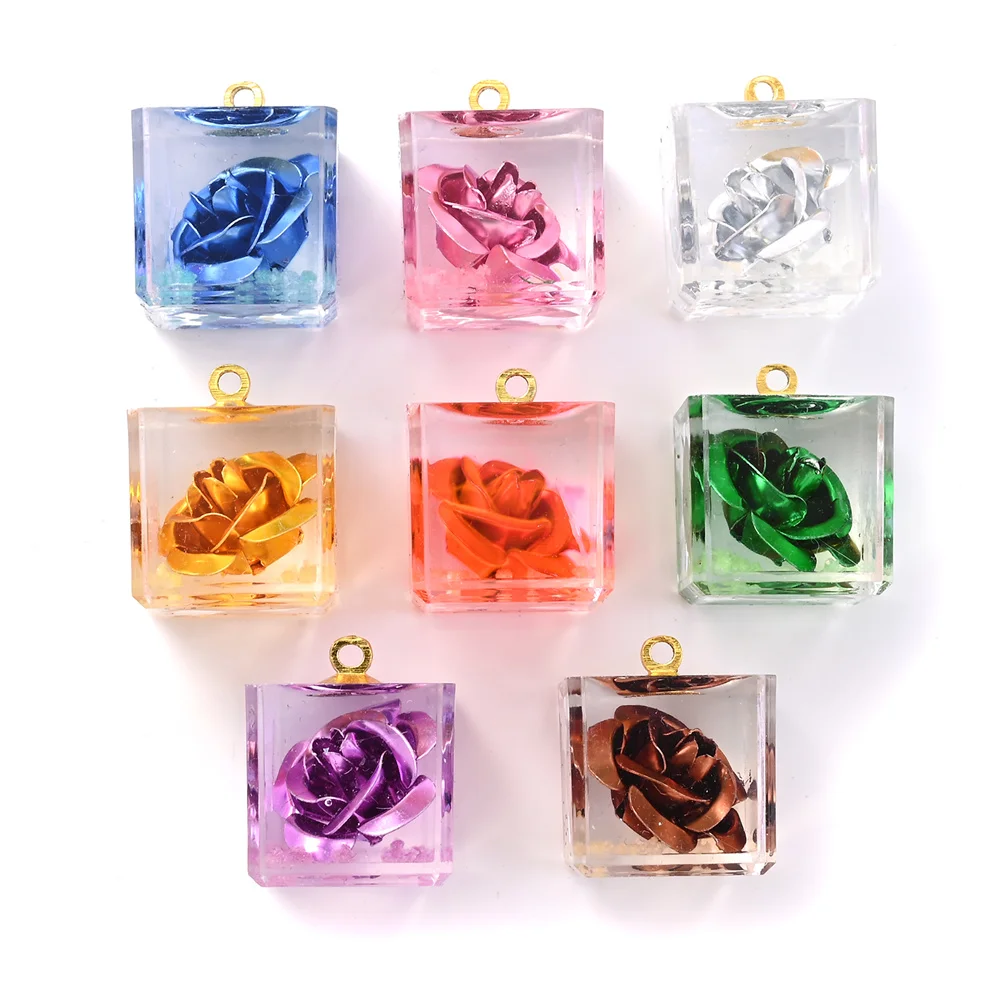 5 Stück transparente, quadratische, leuchtende Rosenblüten-Anhänger für DIY-Schmuckherstellung, Bastelarbeiten, Anhänger, Armbänder, Halsketten – Detail 2