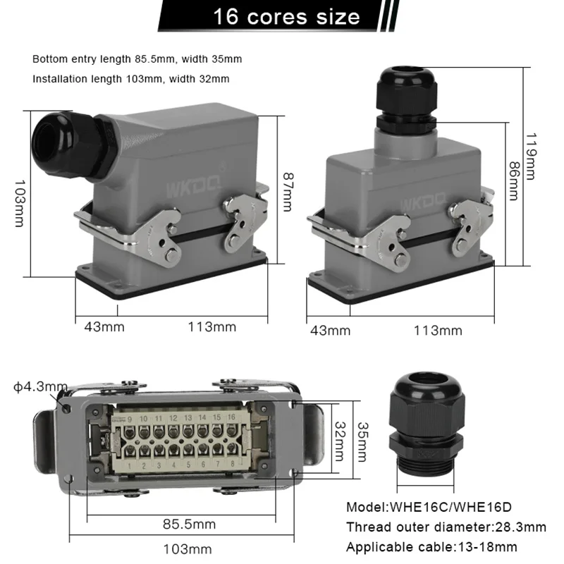 HDC-HE-016 Heavy Duty Power Connector 16 Core Insert Screw Cable 16A 500V Top/Side Hood HE16 Industrial Waterproof Plug Socket