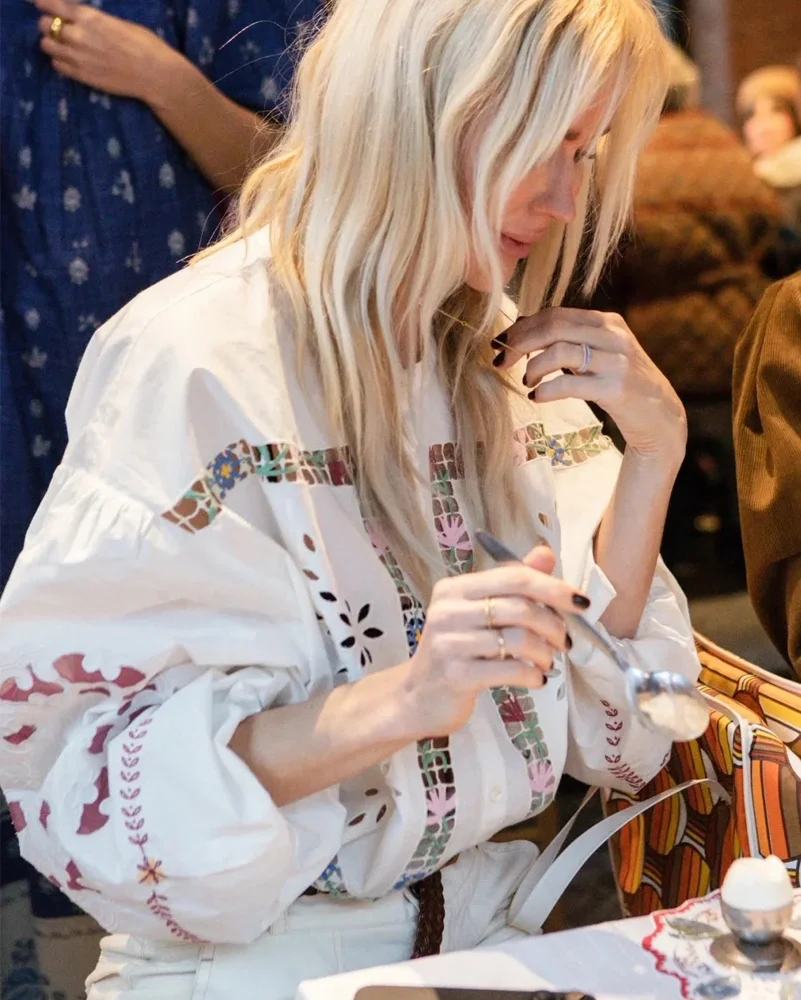 

Женская блузка в стиле ретро из 100% хлопка с геометрической вышивкой, однобортная свободная рубашка с круглым вырезом и длинными рукавами