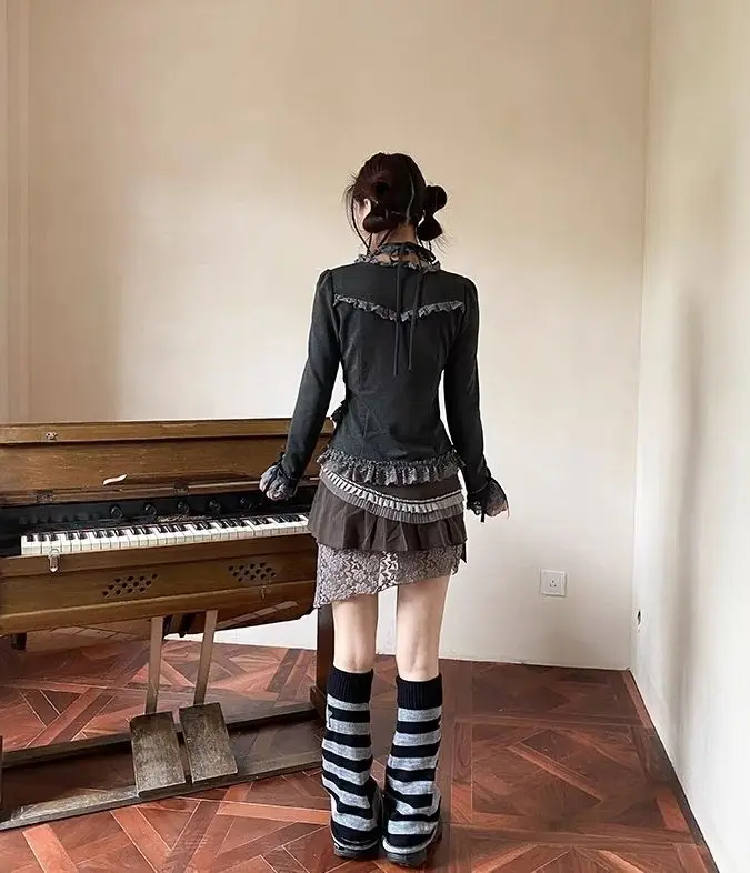 Y2k Vintage T-shirt Vrouwen Harajuku Patchwork Kant Halter Lange Mouw Crop Top Grunge Chic Vierkante Kraag Slanke Tees 2025