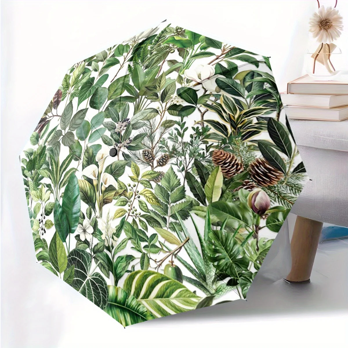 

Nature Green Leaf Pattern Print 1pc Automatic Folding Umbrella, Portable & Foldable Design with 8 Ribs, Casual Outdoor Accesso