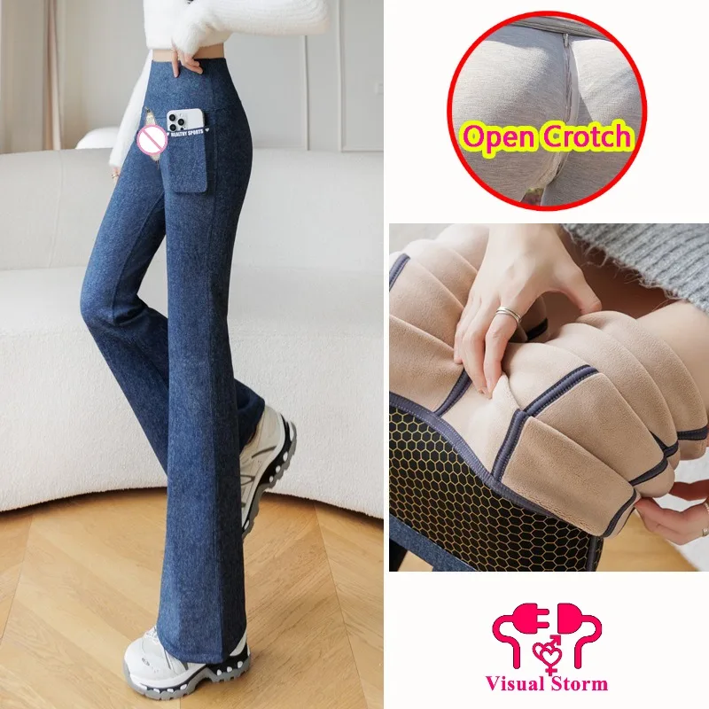 ‌Women Fleece Open Crotch Pant Faux Denim Two Pocket Hidden Zipper Bootcut Butt Lifting Thermal Stretch Winter Casual Trousers