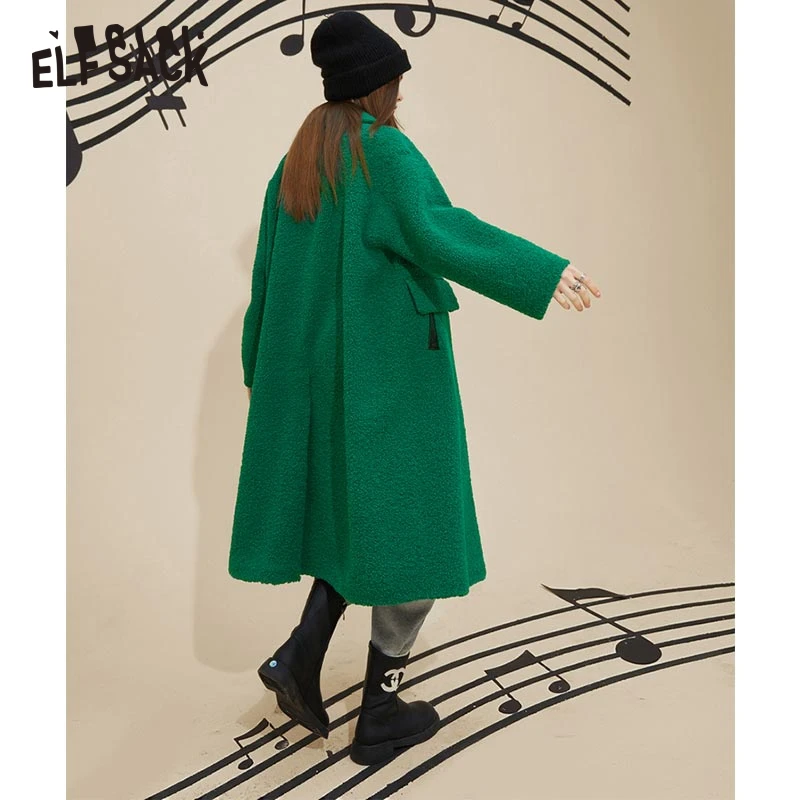 ELFSACK Green Warm Wool Coats Women Winter Long Outwears