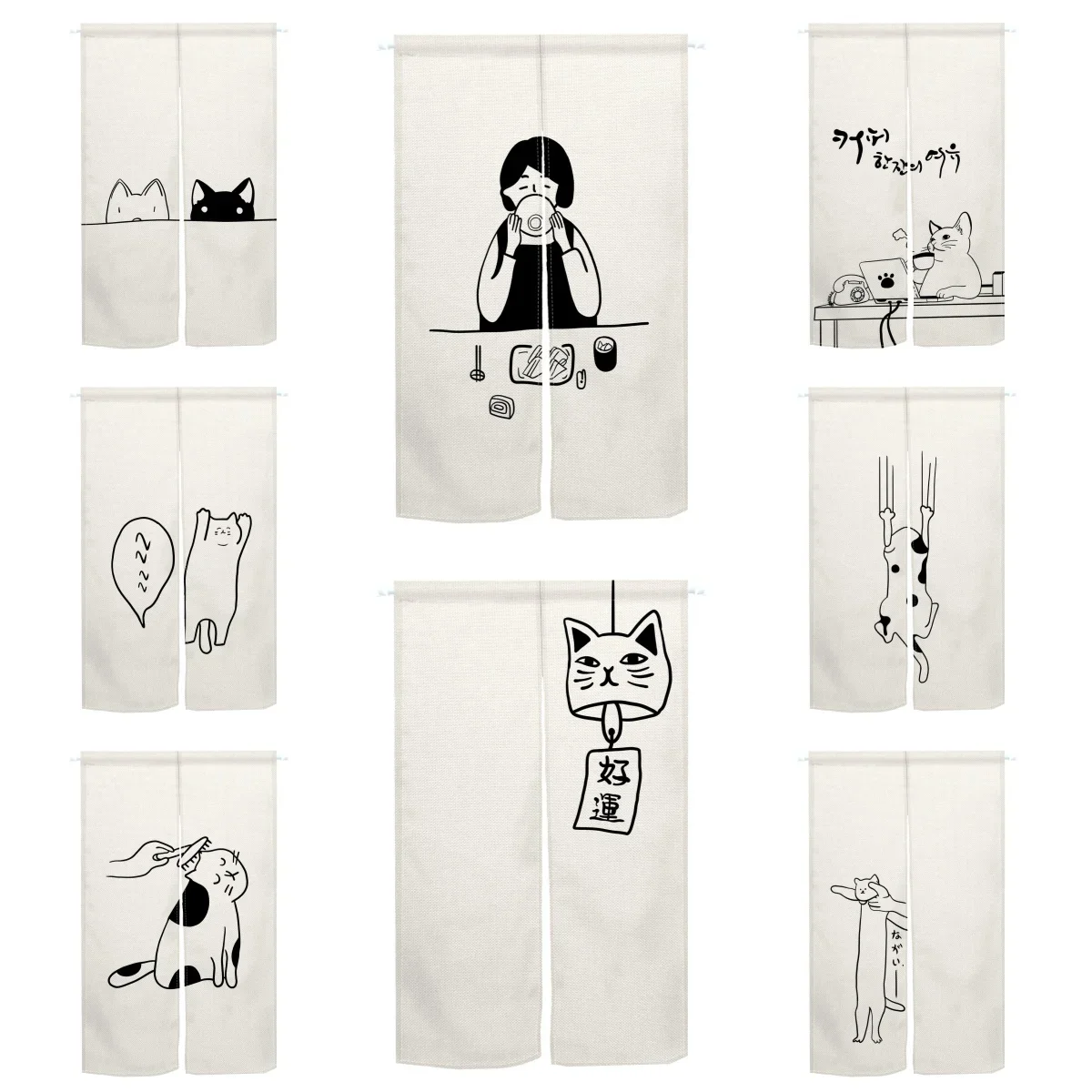 VIKAMA Japanese-Style Hand-Painted Cartoon Cat Room Divider Curtain Kitchen & Living Room Entrance Half-Length Curtain