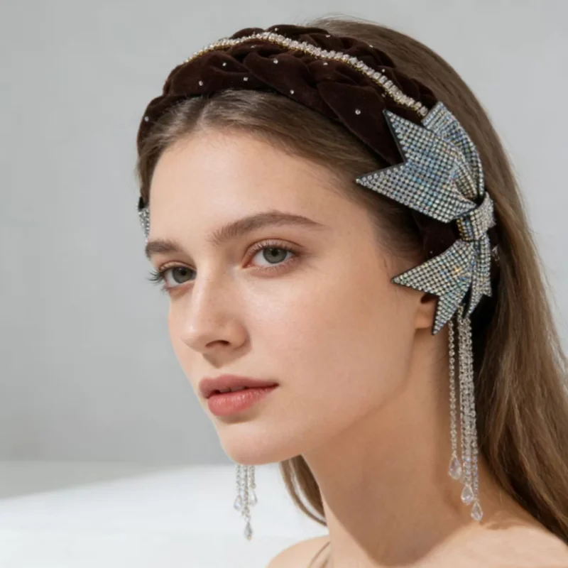 Wide-Edge Fleece Hairband with Full Diamond Sparkling Bow Tassel Headband Luxury Festival Party Hair Accessories Women Headwear