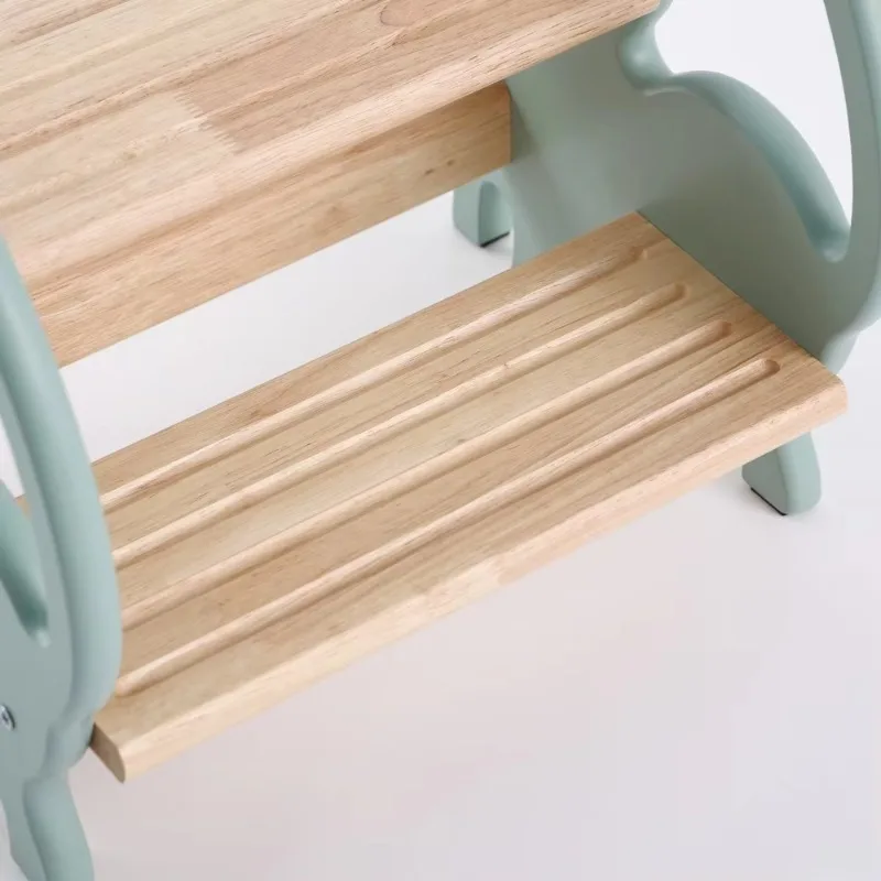 Blue 2-story wooden staircase with specially designed round handle, stable structure, safe for kitchen use