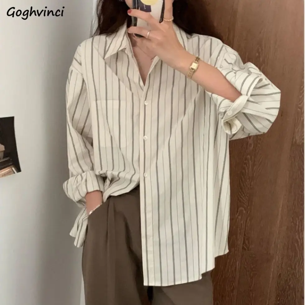 

Loose Shirts Women Breathable Retro Striped Teenagers Basic Soft Trendy All-match Ulzzang Leisure Autumn Outwear Females Popular