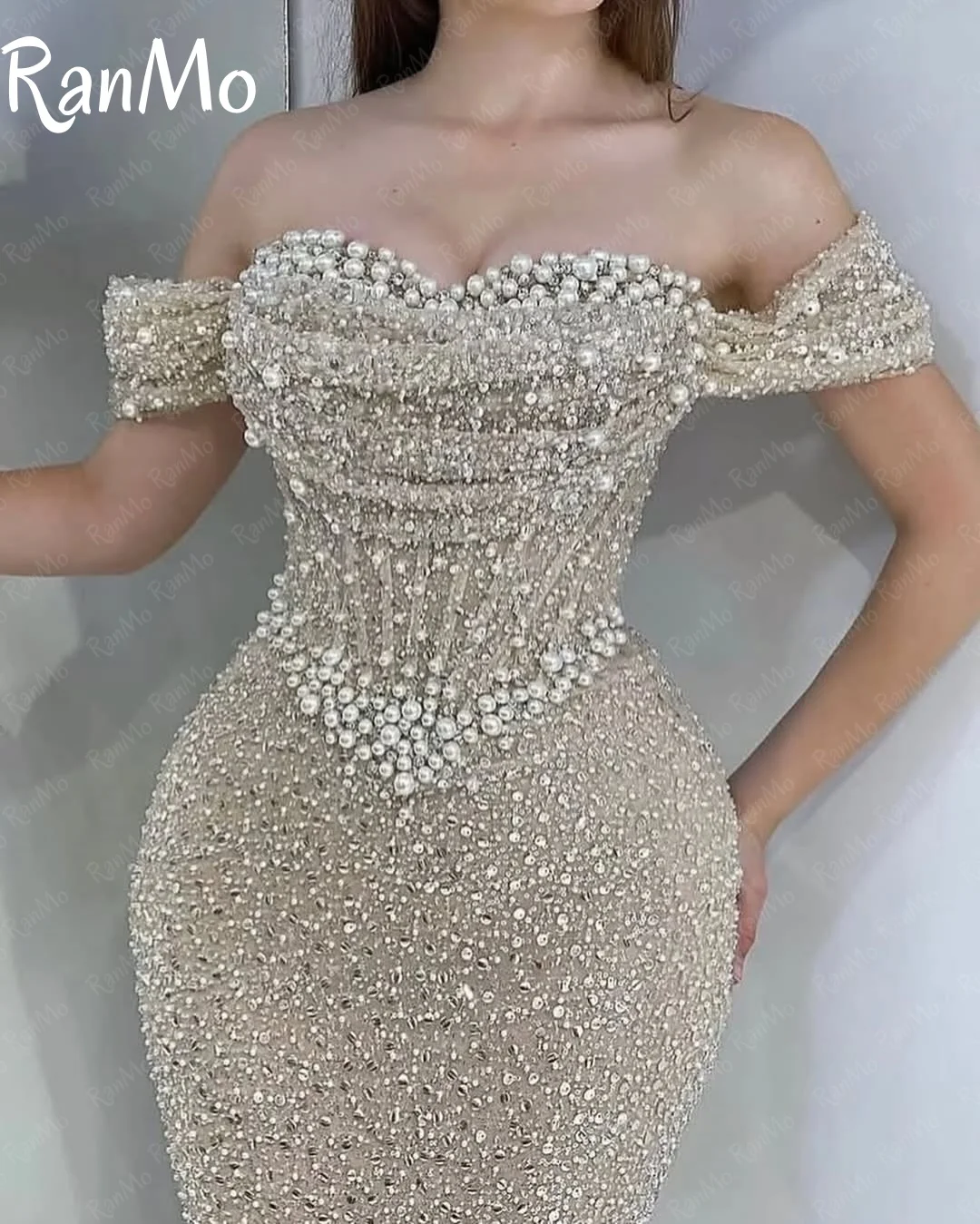 Ranmo Off Shoulder Evening Dresses Glitter Prom Dress Mermaid Beaded Party Dress for Women Pearls Arabic Women Prom Customized