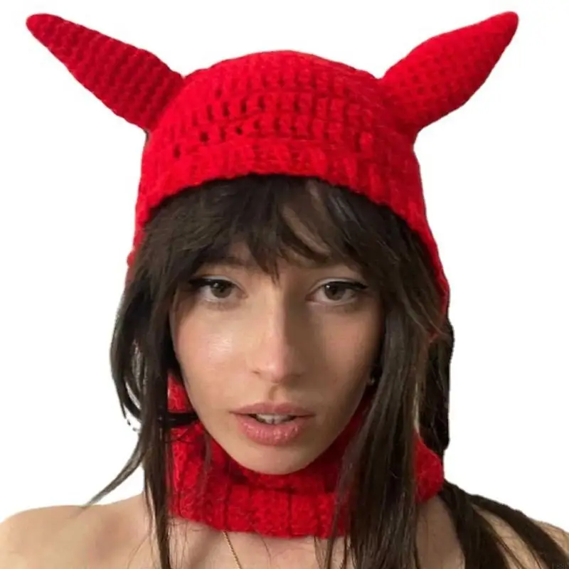 

P88B Women‘s Fashion Halloween Windproof Hat Dress Up Hat Horn Knitting Solid Cartoon Party Stage Hat with Neckerchief