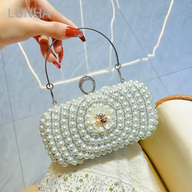 

Women's Luxury Box Clutch Bag with Rhinestone and Pearl Decor for Evening Party Wedding Dinner Shoulder Handbag