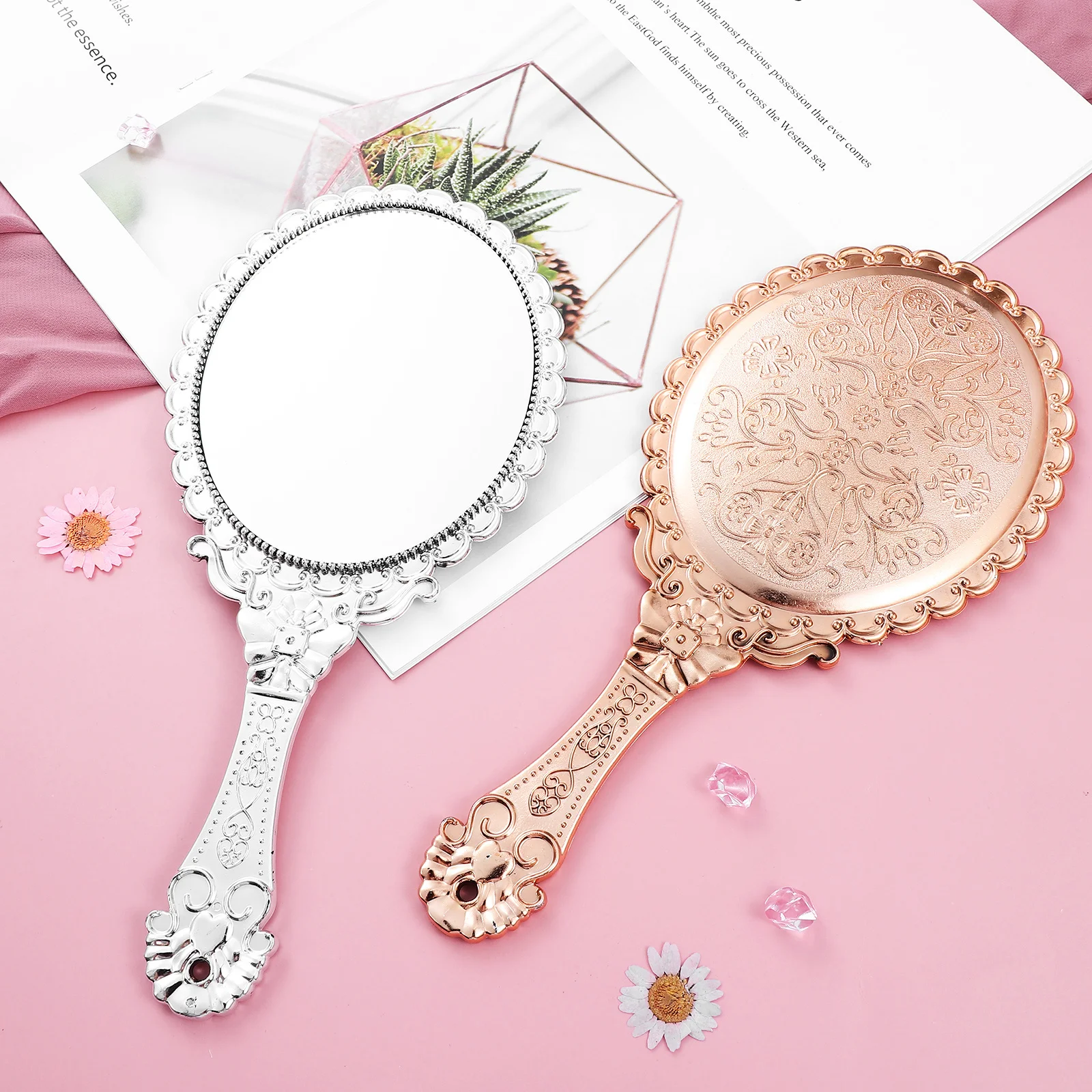 

2Pcs Handheld Makeup Mirror Vintage Embossed Compact Portable Small Handheld Mirror for Travel Women Face Use