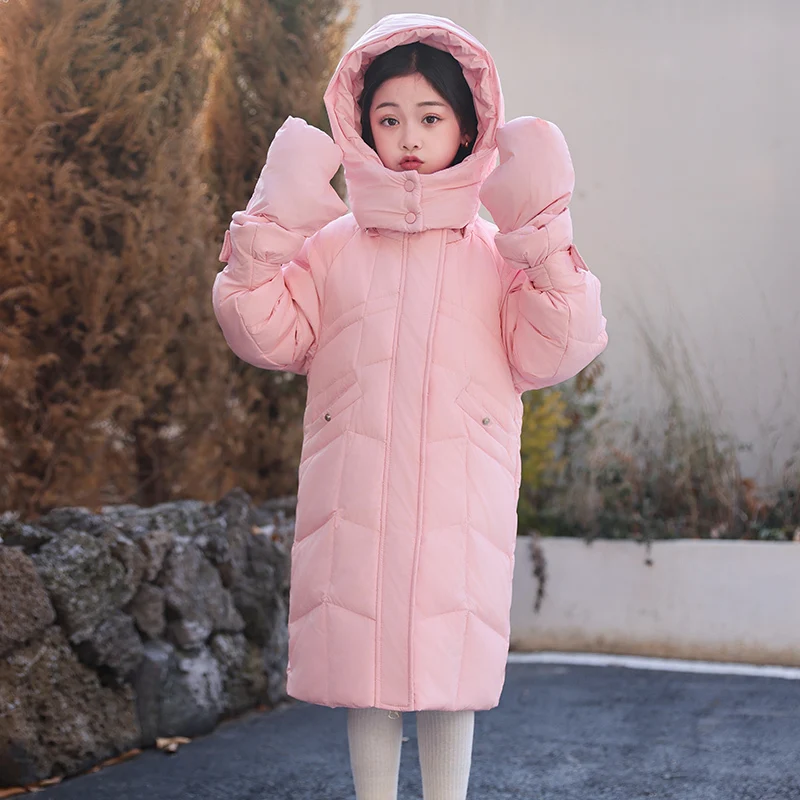 

5-16 Y kids Winter Girls clothing warm Down jacket girl clothes Parka Hooded Middle big Children Outerwear Coats snowsuit Gloves