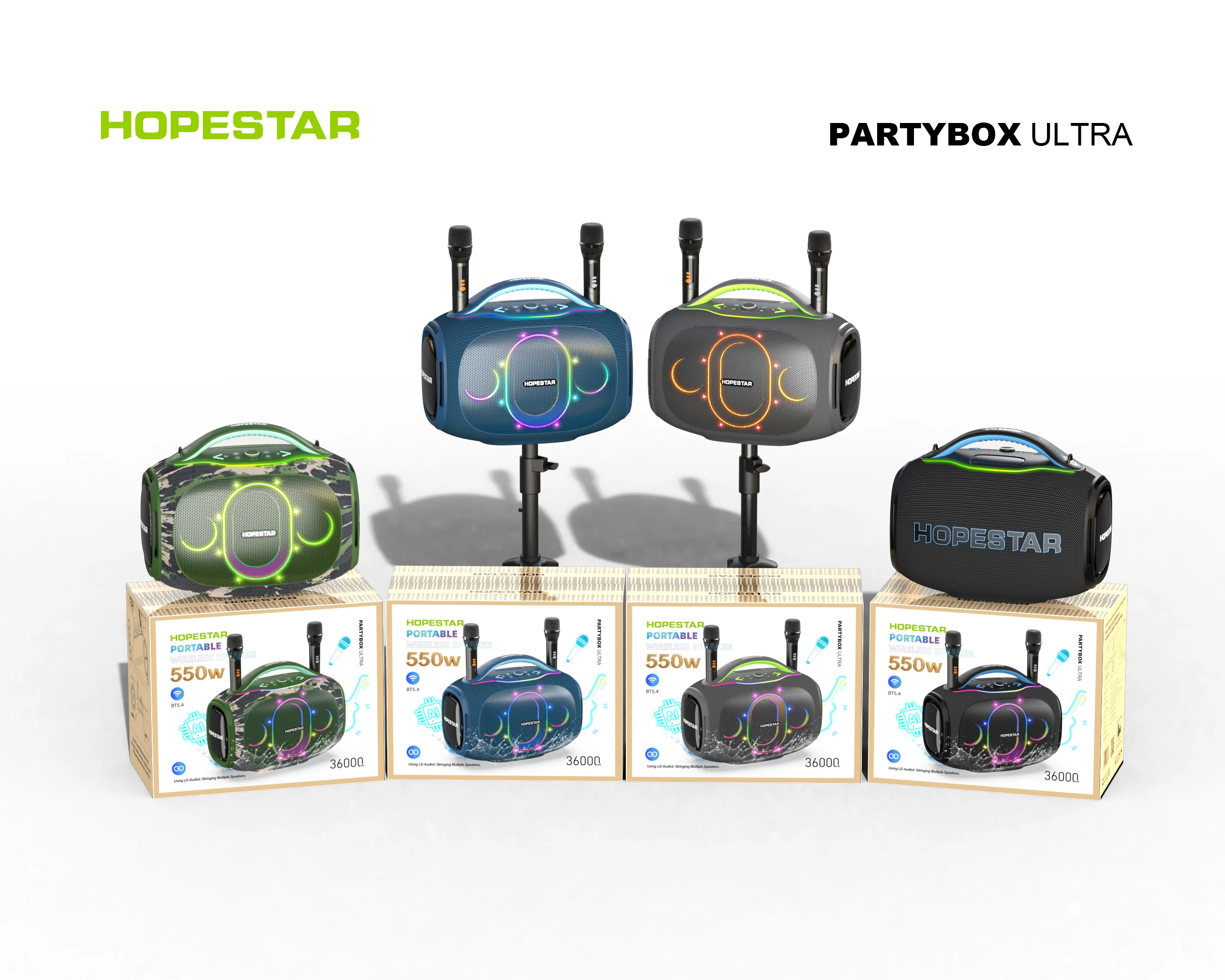 NEW HOPESTAR PartyBOXULTRA 550W Portable Wireless Stereo Audio System Waterproof Home Karaoke   Use Customized with 2 Microphone