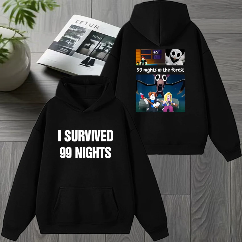 99 Nights in The Forest Fan Merch Graphic Print Black Hoodie, Unisex Harajuku Cartoon Fleece Pullover Sweatshirt for Men Women