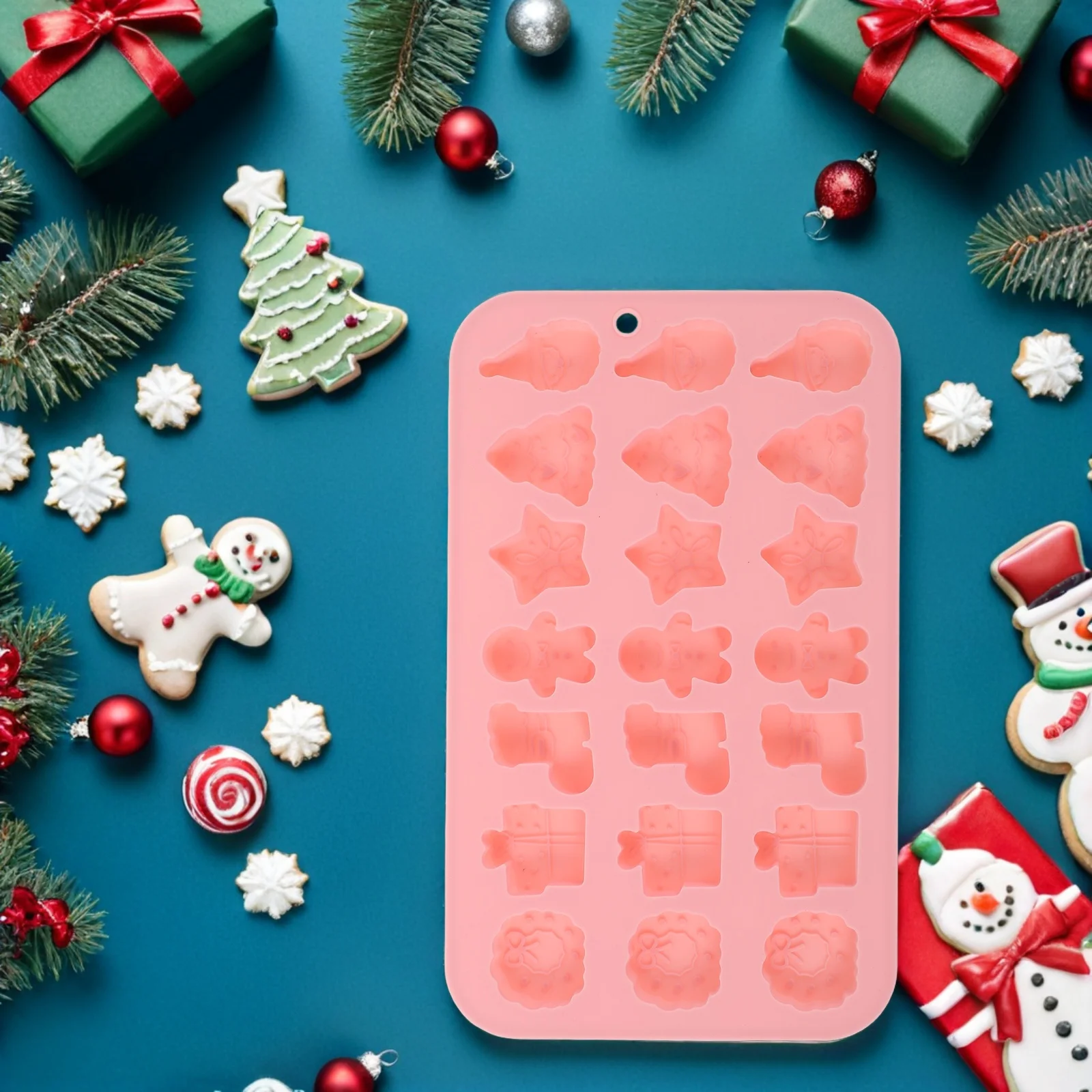 

2Pcs Silicone Holiday Baking Molds Christmas Non-Stick 21 Cavity 3D Xmas Tree Santa Gingerbread Man Wreath Cookie Dessert Mold