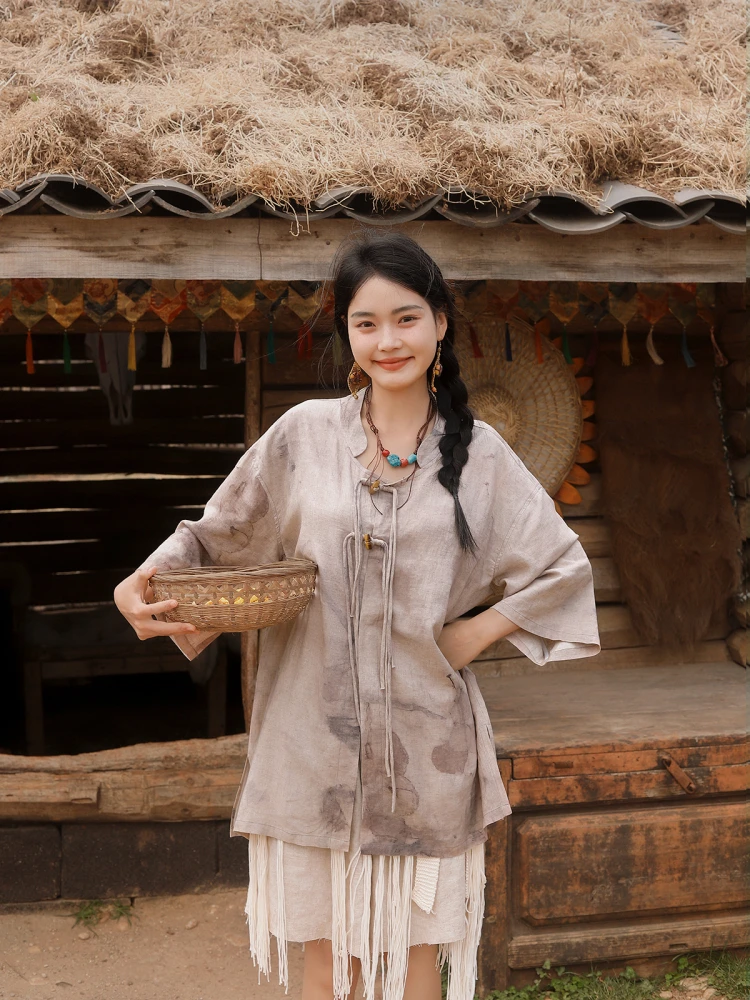 

Окрашивание растений в деревенском стиле, китайский дзен-сла, женский irt, оригинальный дизайн, круглый Ne Long Sve, свободный крой, традиционная моя