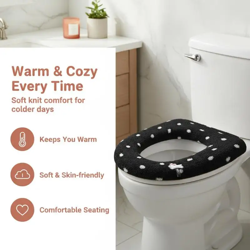 Thick Soft Plush Toilet Seat Cover Cute Polka Dot Warm Comfortable Touch For Home Bathroom Winter Daily Use