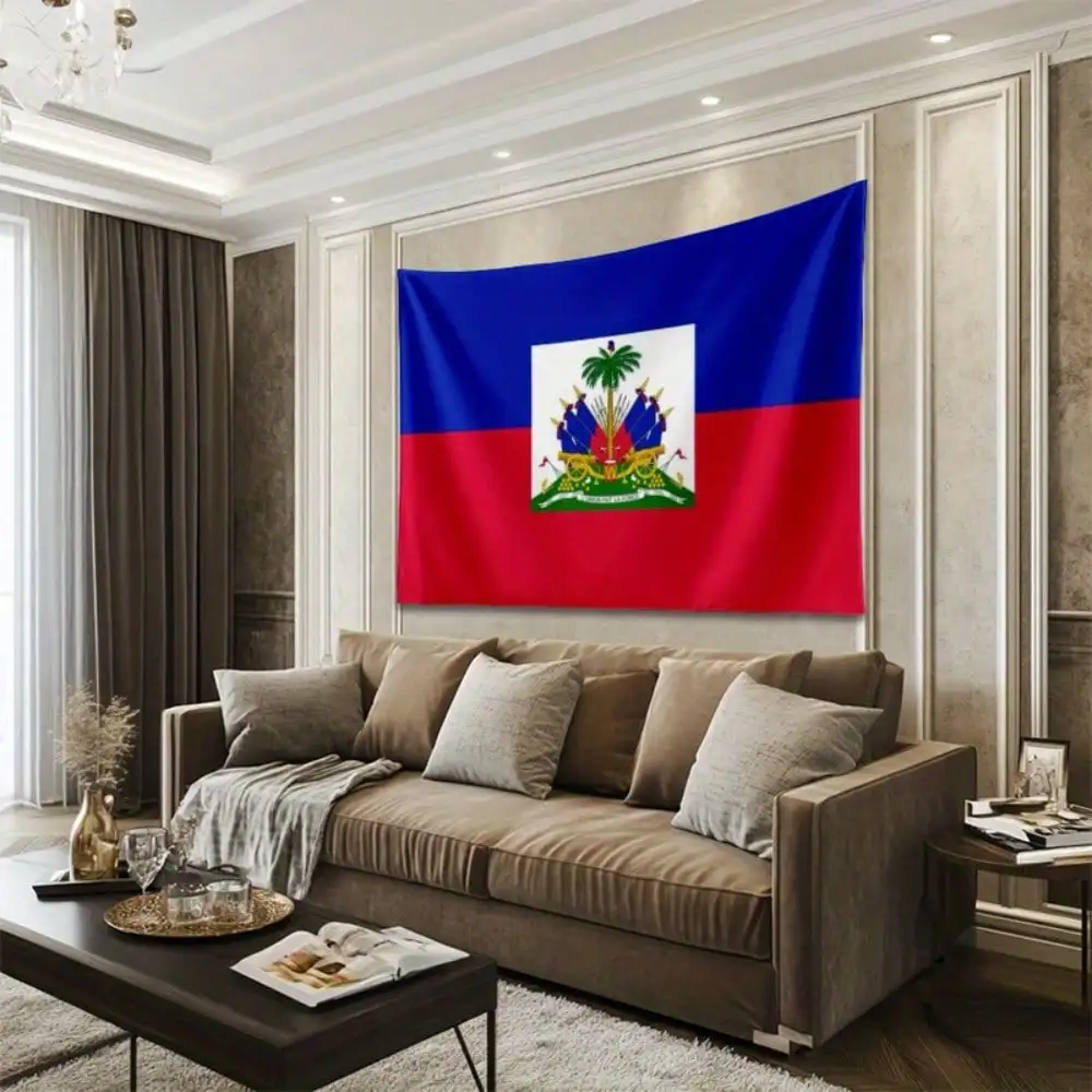 Haiti Flag Tapestry, Blue Red National Emblem Wall Hanging, Caribbean Country Decor, Patriotic Bedroom Background Cloth