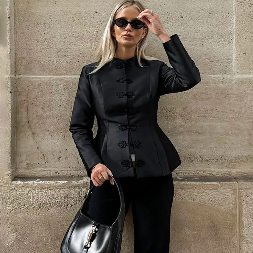 2026 Summer New Chinese Style Black Stand Collar Button Evening Dress Women Elegant Evening Dresses