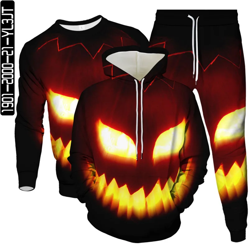 

2023 New Tracksuit Men Casual Clothes Suit 3 Piece Hoodie Pants Sweatshirt Set Holloween Flame Pumpkin Lamp Print Male Set S-6XL