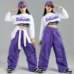 Hip Hop Girls Fashion K-pop Crop Top Purple Cargo Pants Children Street Dance Outfits Kids Streetwear Group Jazz Clothes Sets