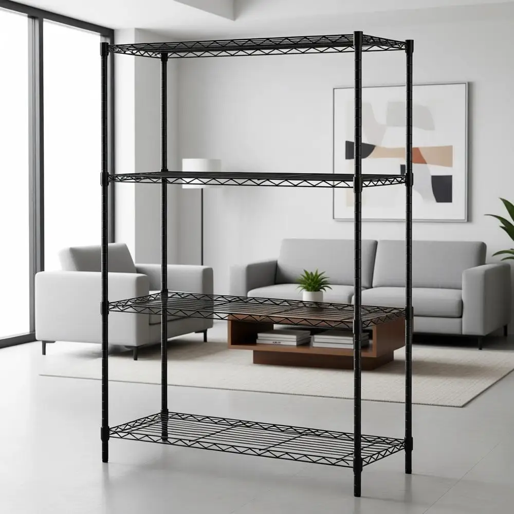 

4-ярусные металлические стеллажи для хранения, 36x14x54, черные, с регулируемыми полками, выдерживают до 450 кг, простая сборка, идеально подходят для дома