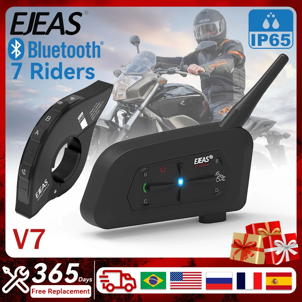 

EJEAS V7 Bluetooth Motorcycle Intercom Helmet Headset 7 Riders Interphone Communicator 1200m Noise Cancellation Handlebar Remote