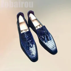 Blue Crocodile Print Tassels Decor Square Toe Loafers Fashion Slip On Men Shoes Luxurious Handmade Party Banquet Men Dress Shoes