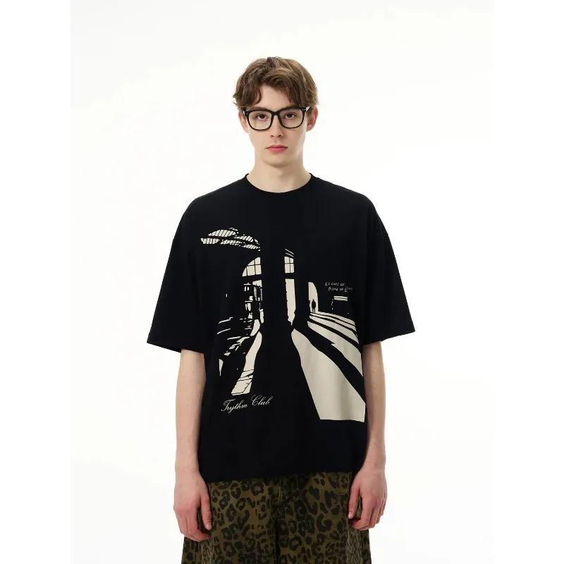 Men's Black Oversized Short Sleeve T-shirt with Train Station Print and Tyrthm Club Logo