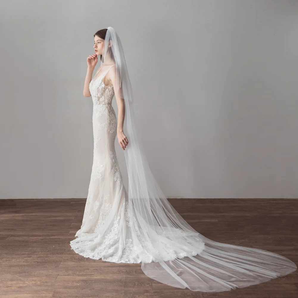 

V615 European and American Style Simple Bridal Veil, White Long Double-Layer 3m Tail-Length Church Veil, Travel Photography Headpiece Wholesale