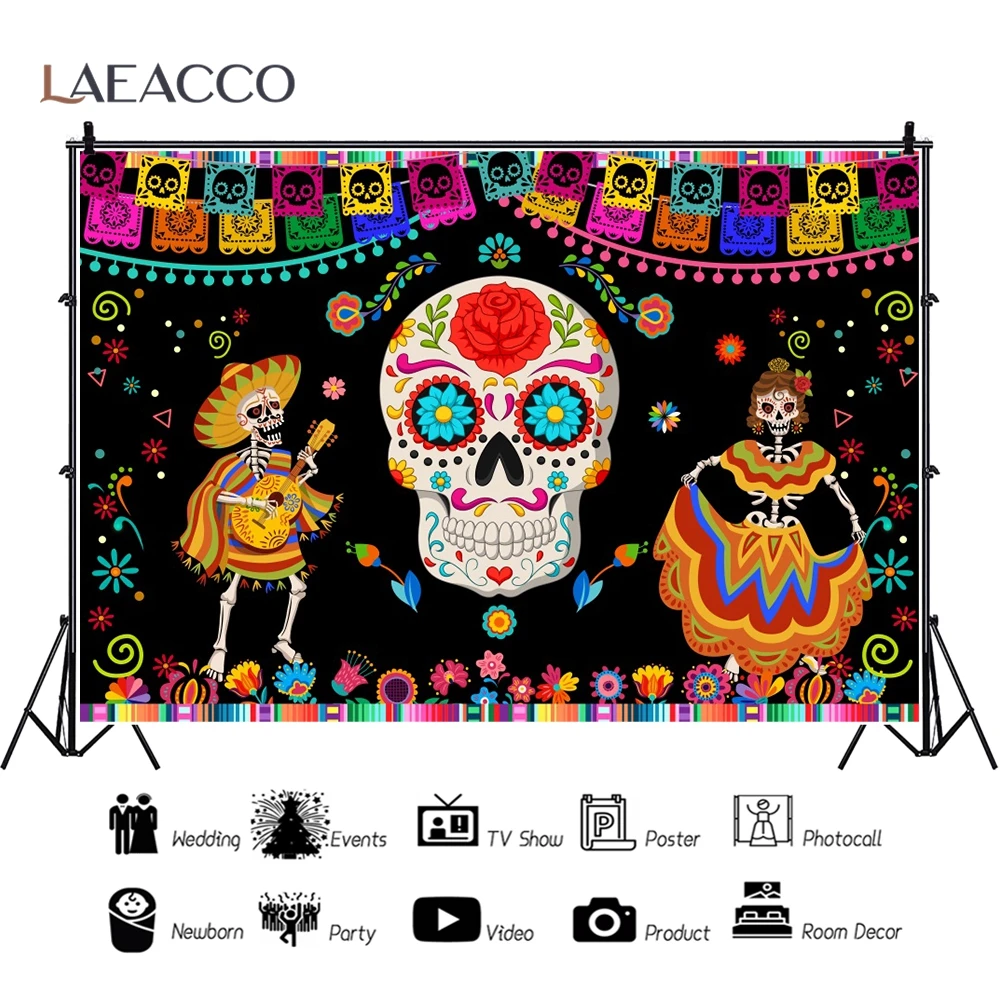 Day of The Dead Background Mexican Fiesta Sugar Skull Dance Party Dia De Los Muertos Family Home Decoration Photography Backdrop