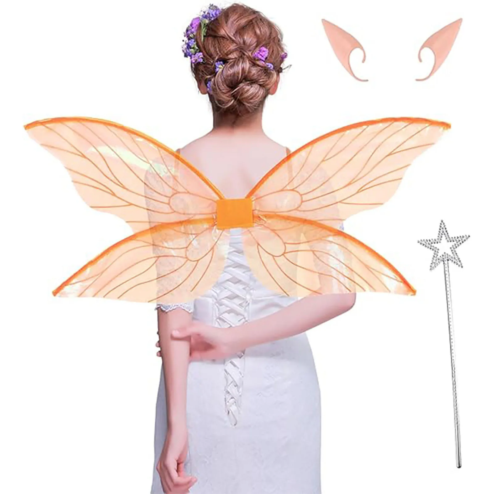 Party Angel Fairy Accessories Gradient Fabric Patterned Wings Star Wand And Elf Ears Halloween Cosplay Props for Womens Girls