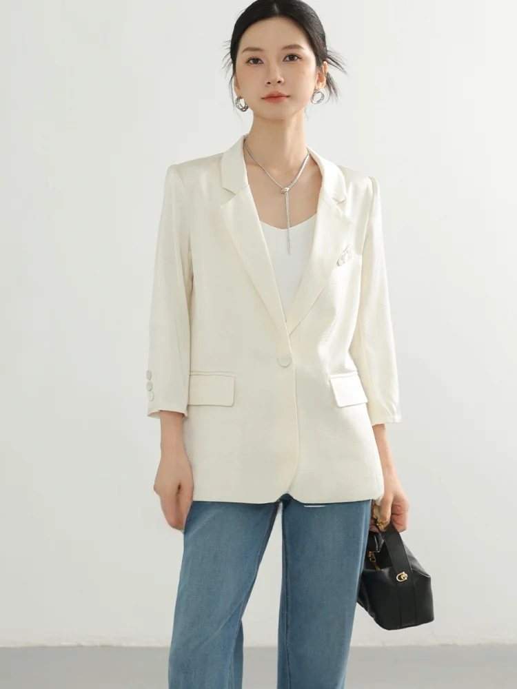 

Женский костюм DianThia: пиджак с пуговицами, атласная текстура, рукава 3/4, для офиса, премиум-класс, летняя мода