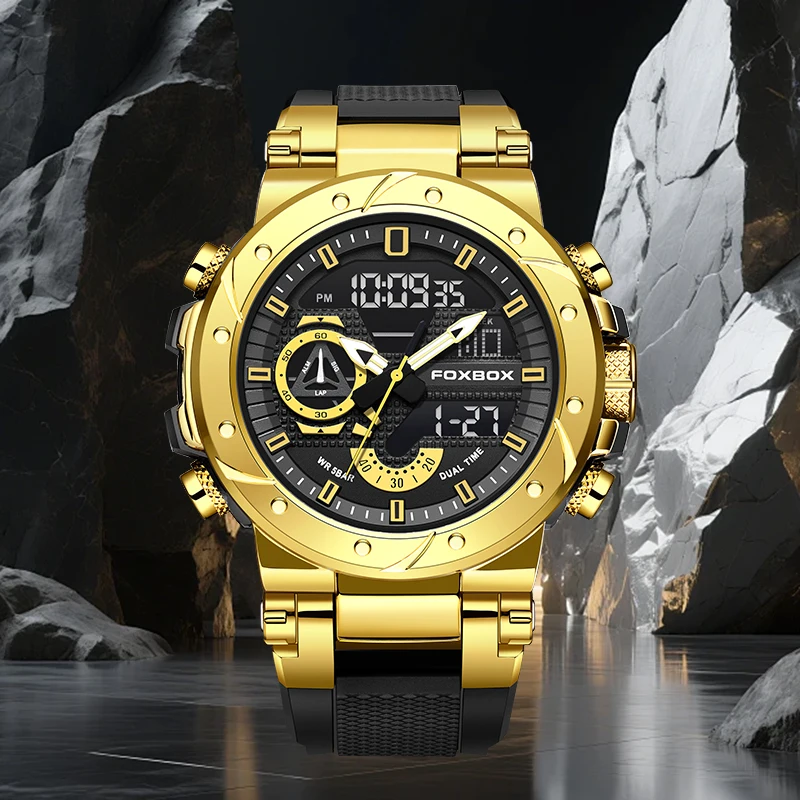 FOXBOX Outdoor Fashion Electronic Digital Man Watch Casual Silicone Strap Waterproof Week  Display Auto Date Analog Watches Male