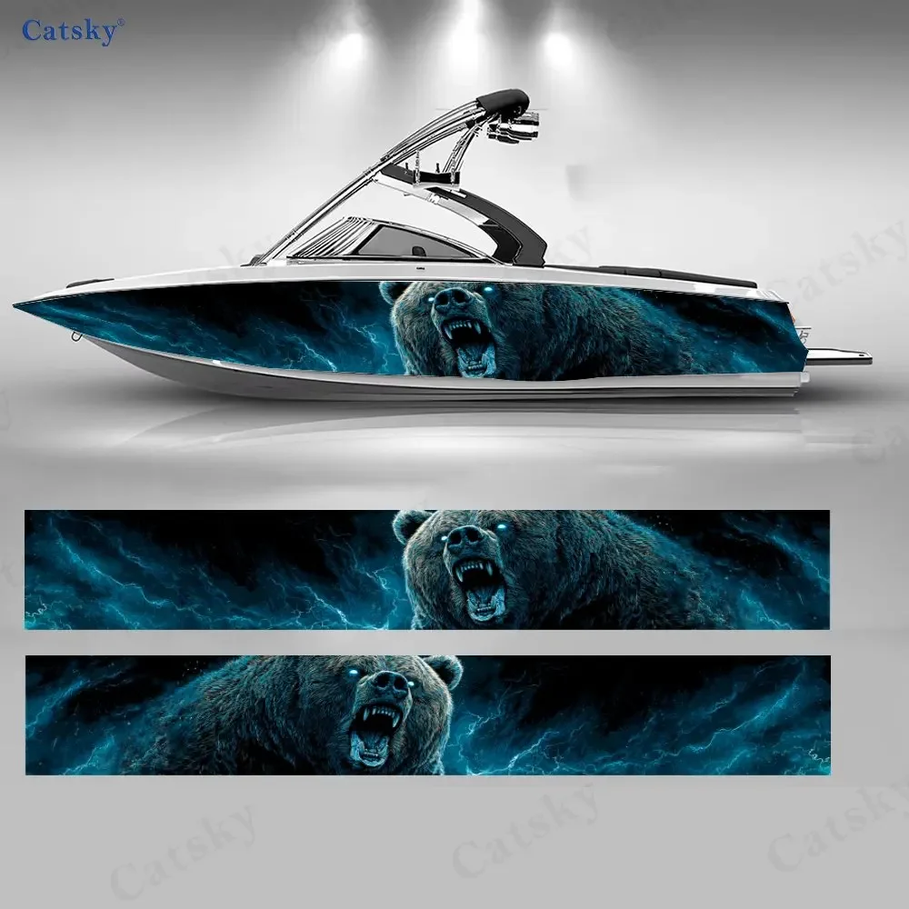 2Pcs Blue Lightning Giant Bear Boat Stickers, PVC Waterproof Vinyl Wrap Decals for Fishing Boats, Durable and Stylish Design