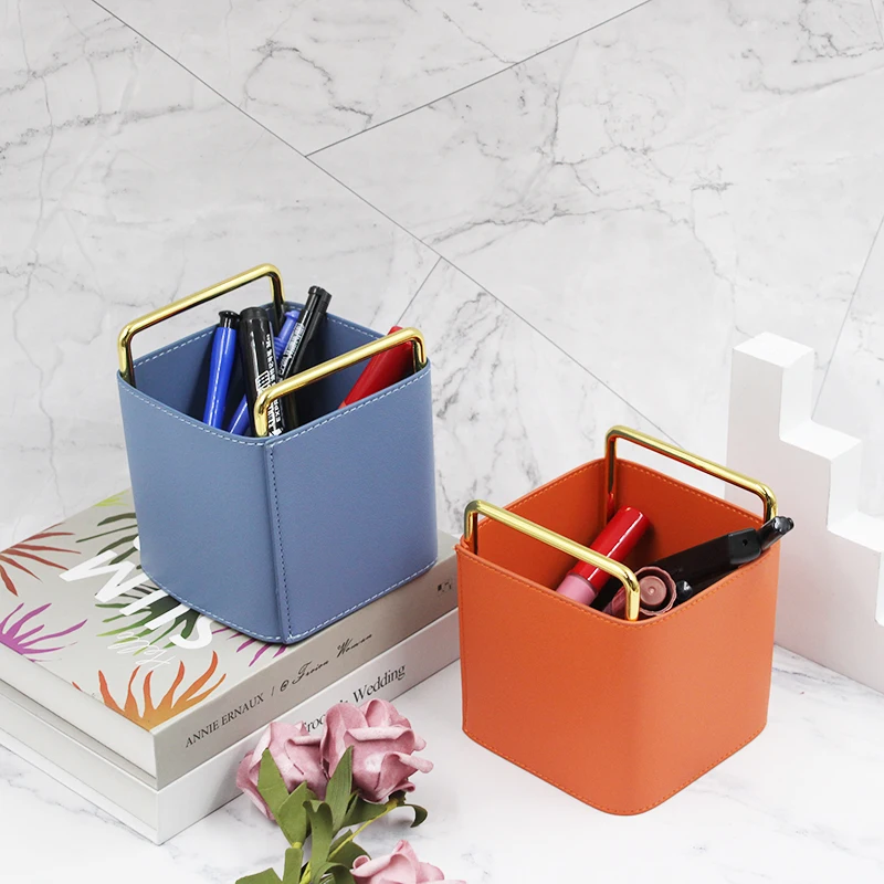 Minimalist Metal Pen Holder, Leather Storage Frame, Nordic Style, Makeup Cylinder