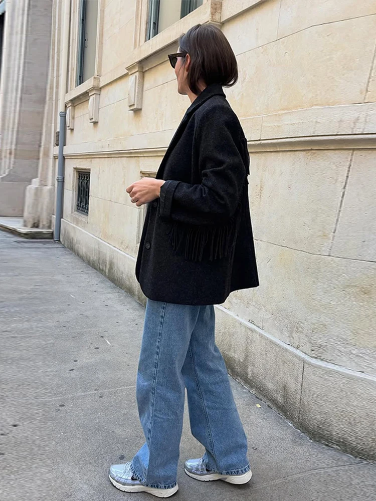 

Элегантная женская шерстяная куртка с кисточками, однобортное однобортное женское пальто с лацканами и длинными рукавами, осень-зима 202, новая женская верхняя одежда