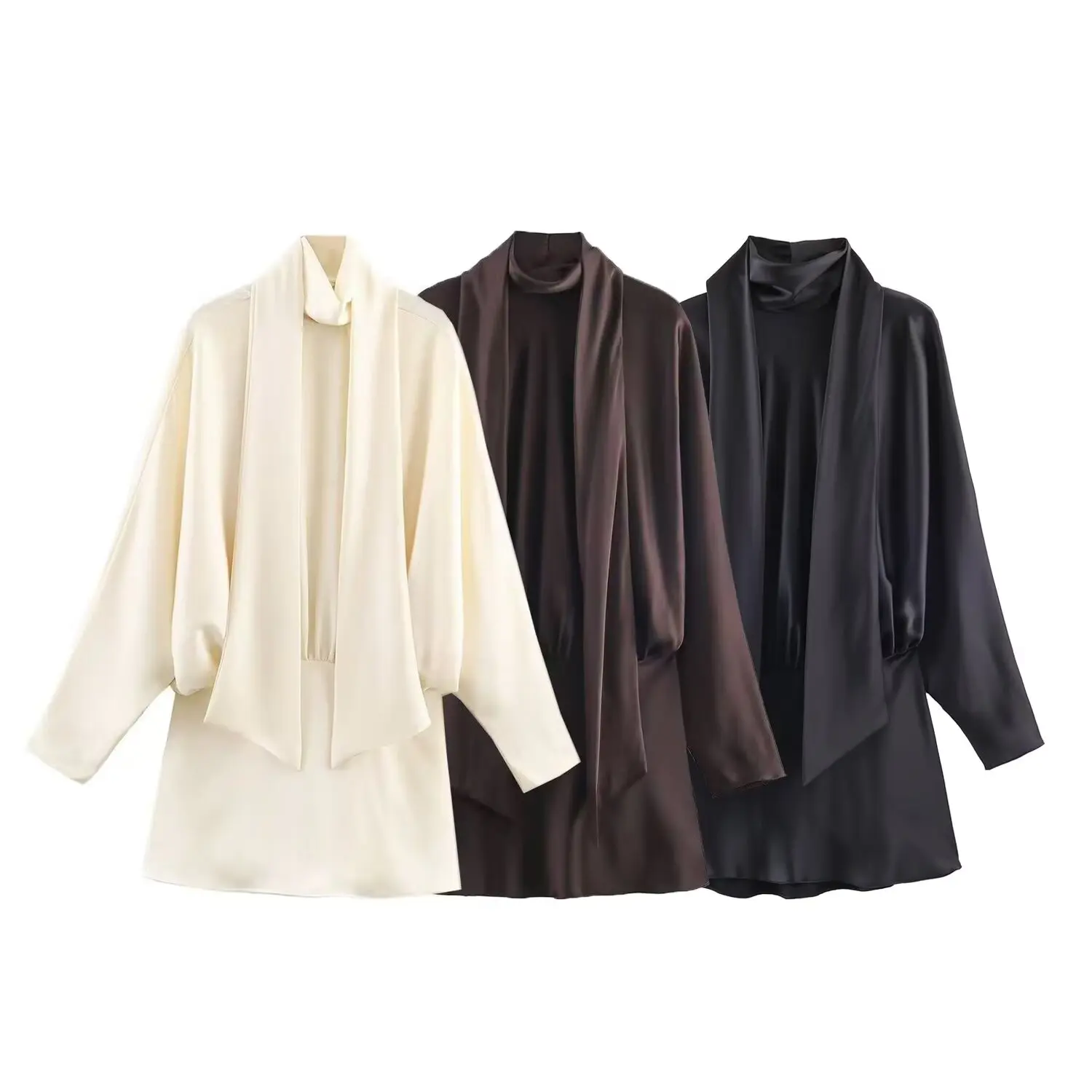 Vestido elegante de satén francés para mujer, bufanda a la moda, decoración, Vestido corto femenino, Mini vestido de manga larga para primavera y otoño