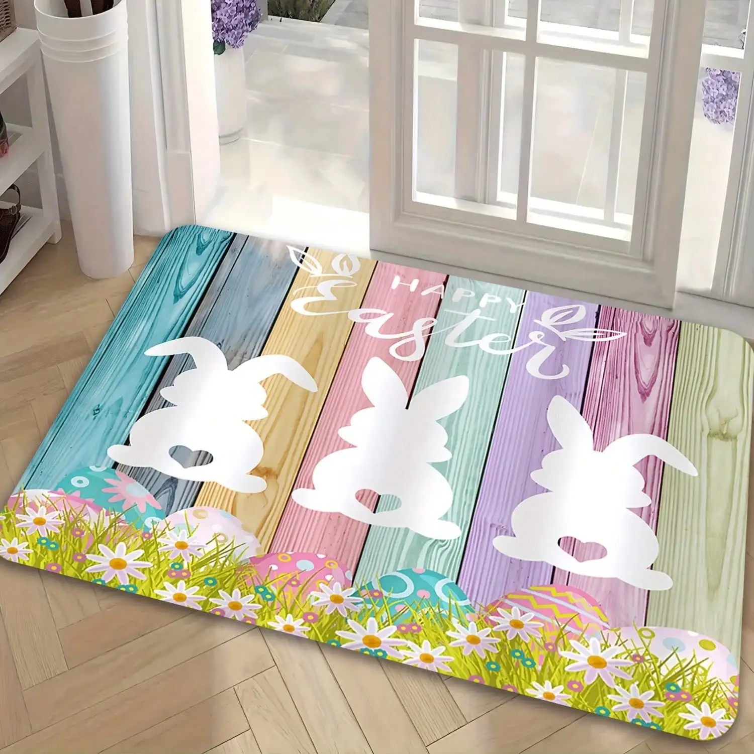 A Spring-Themed, Macaron-Colored Wooden Texture Rug Featuring Three Rabbits, Decorating Doorways. It'S Made Of Soft Flannel, Non-Slip, Lightweight, And Suitable