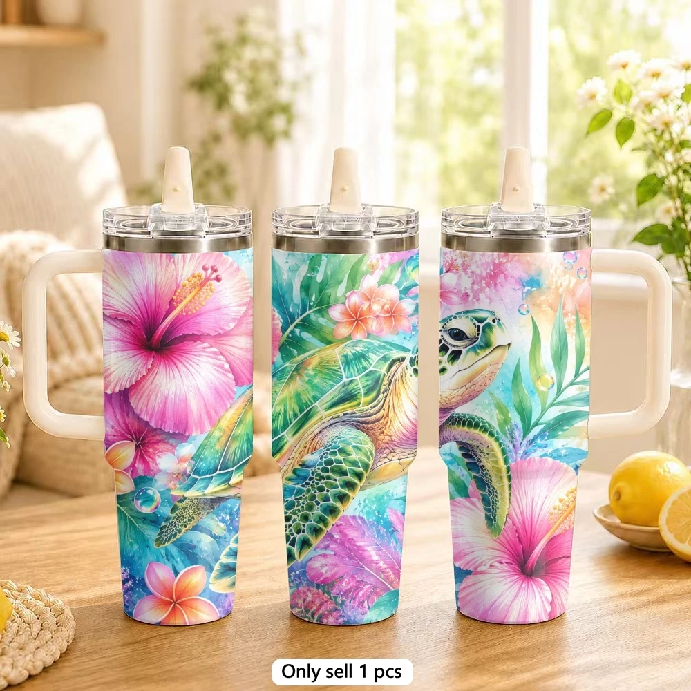 Adorable turtle Vacuum Flasks 40oz Vacuum Insulated Travel Mug with Straw & Handle | Stainless Steel Leakproof Tumbler