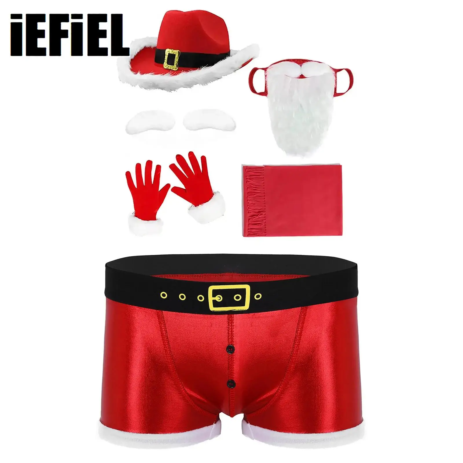 Men Christmas Costume Patent Leather Printed Belt Pattern Underwear with Hat Eyebrows Beard Gloves Scarf Props Set