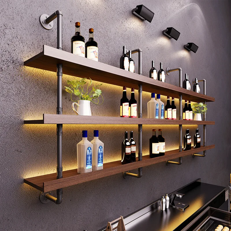American wrought iron bar wall rack restaurant wall bar industrial style multi-layer solid wood wall shelf wine rack