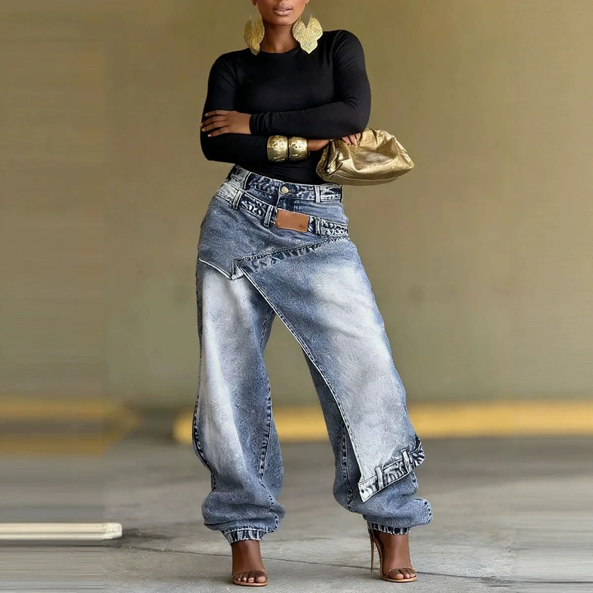 American Retro Fake Two-piece Splicing Y2K High Street Mid Waist Washed Loose Wide Leg Hip-hop Women's Harajuku Denim Pants