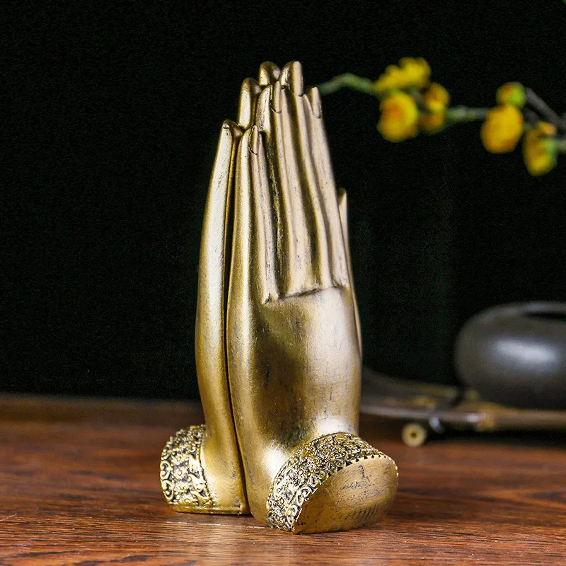 6XDD 2Pieces Decorative Buddhas Hand Ornaments in Antique Gold Sandstone for Tranquils Home Atmospheres
