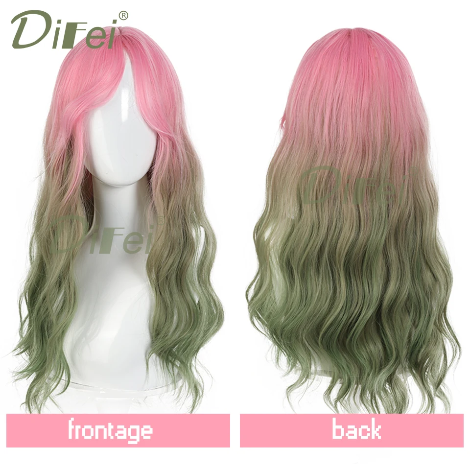 Pink Gradient Green Water Ripple Synthetic Wig Female Fashion Halloween Holiday Cosplay Big Wave Long Hair Wig