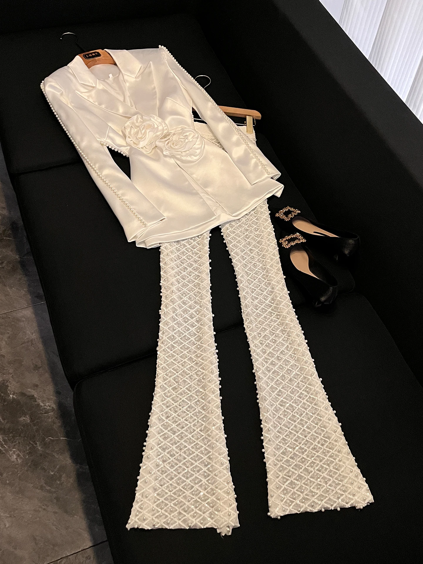 Elegant Fashion Hollow out Beaded 3D Flower Mesh Set Women's Autumn 2026 Versatile Commute A2126 Polyester Ensemble