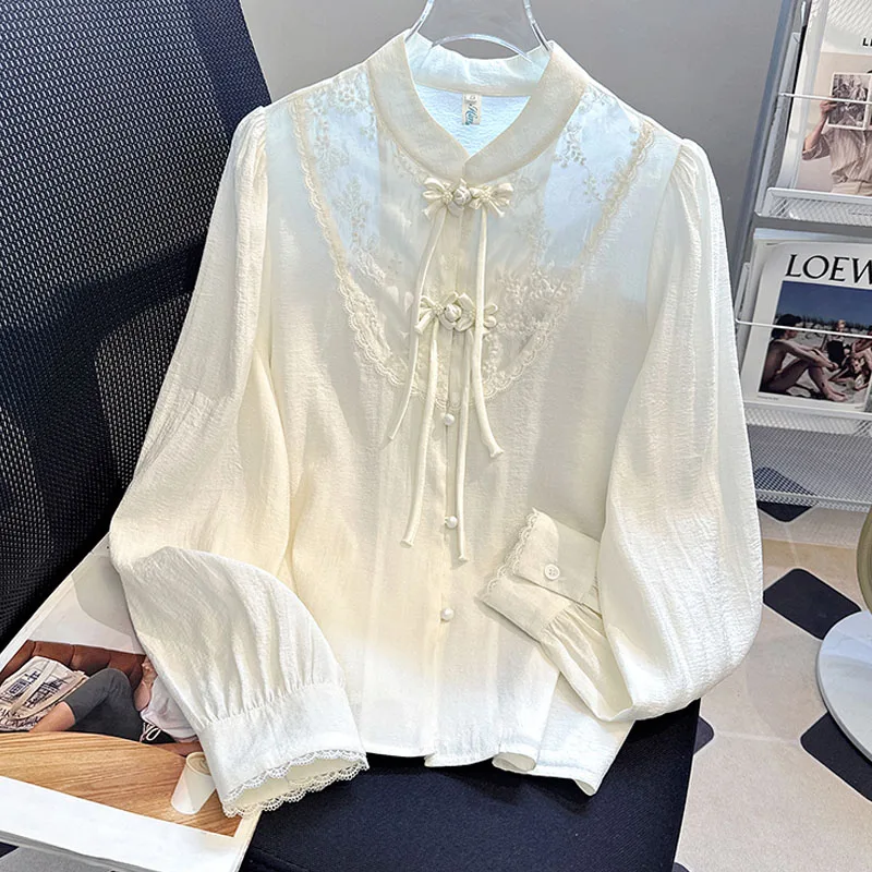 

Женская блузка-рубашка, новая элегантная рубашка-рубашка с длинным рукавом и воротником-стойкой, блузка, женские топы, блузки, рубашки Blusas Para Mujer Q543